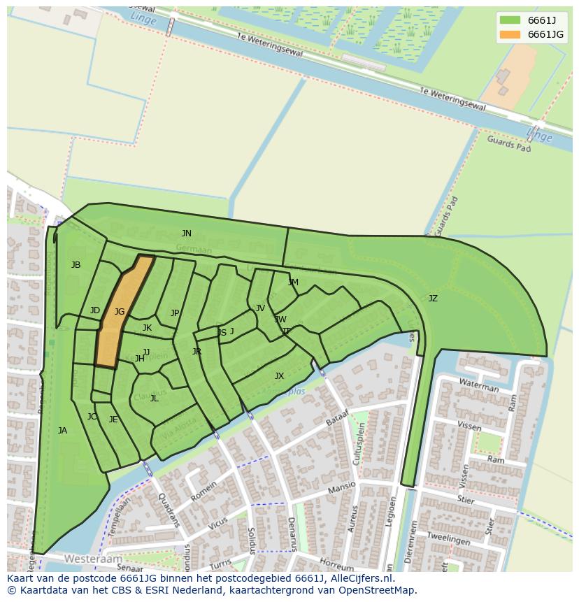 Afbeelding van het postcodegebied 6661 JG op de kaart.