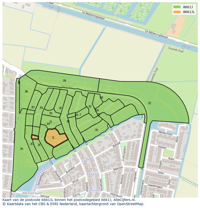 Afbeelding van het postcodegebied 6661 JL op de kaart.