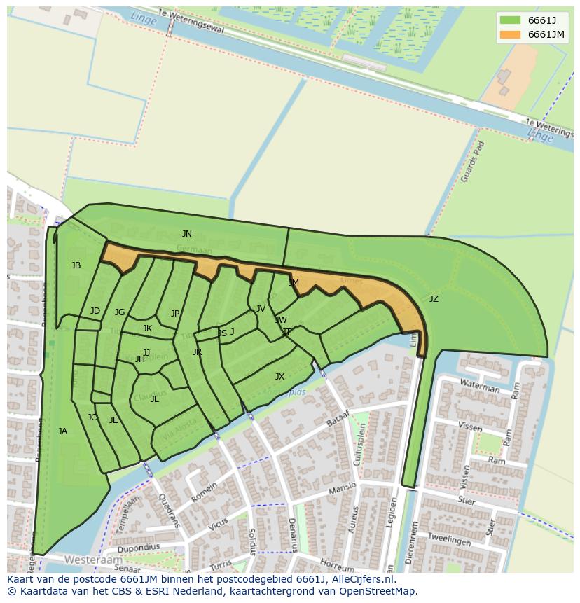Afbeelding van het postcodegebied 6661 JM op de kaart.