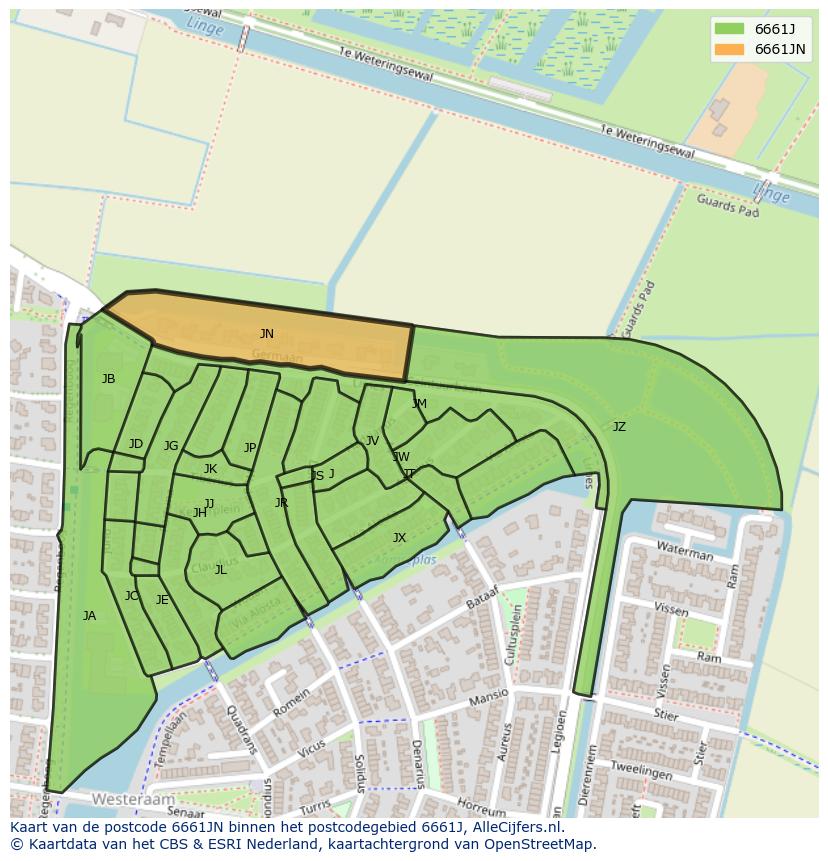 Afbeelding van het postcodegebied 6661 JN op de kaart.