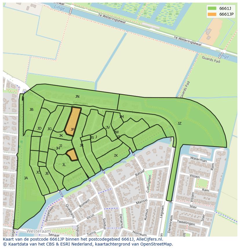 Afbeelding van het postcodegebied 6661 JP op de kaart.