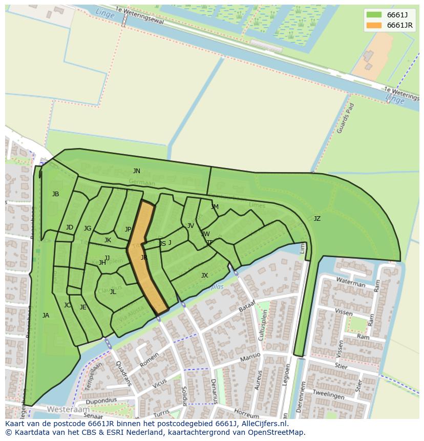 Afbeelding van het postcodegebied 6661 JR op de kaart.