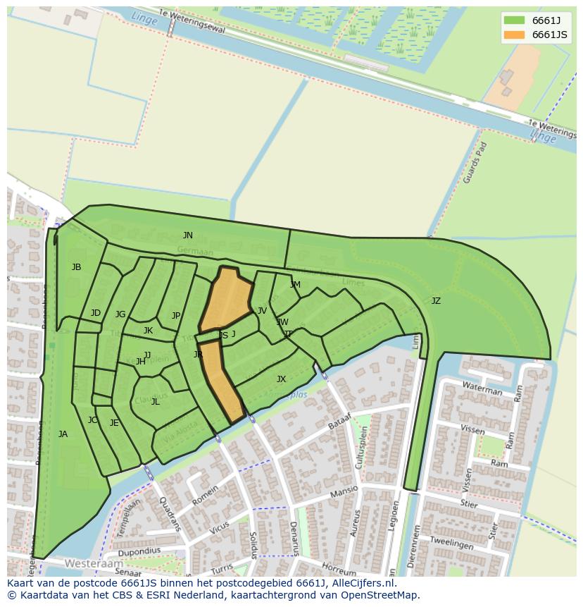 Afbeelding van het postcodegebied 6661 JS op de kaart.