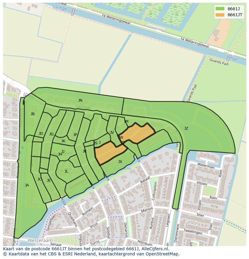 Afbeelding van het postcodegebied 6661 JT op de kaart.