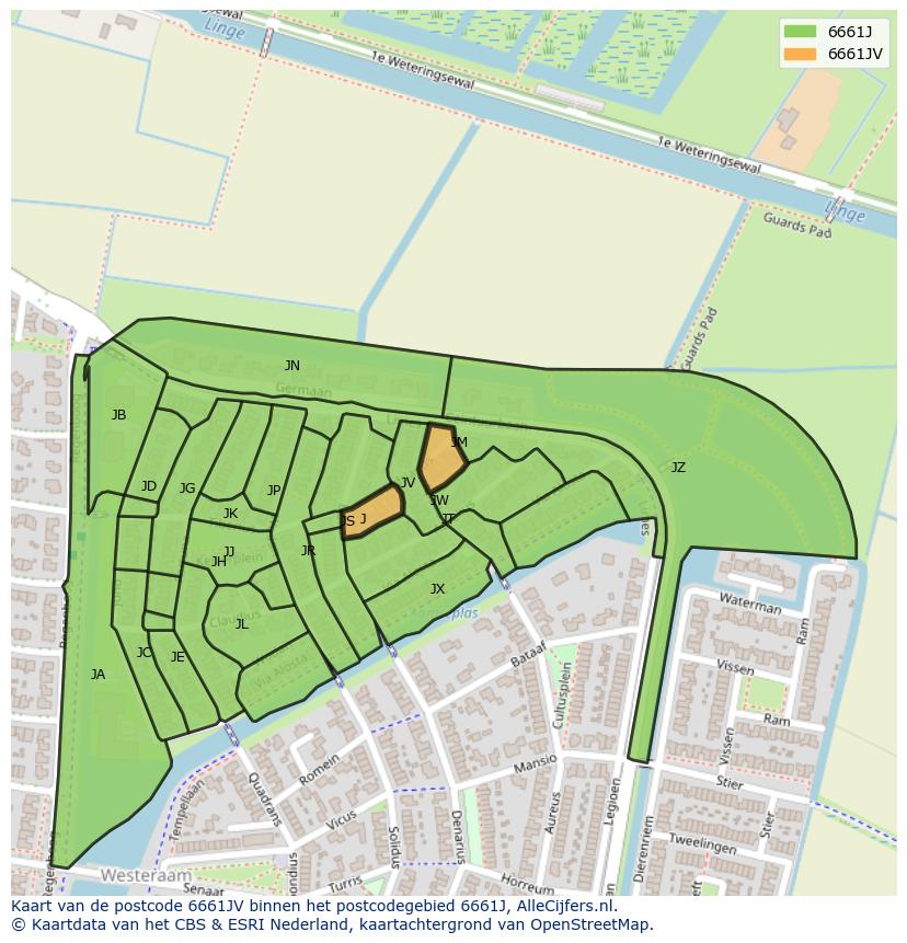 Afbeelding van het postcodegebied 6661 JV op de kaart.