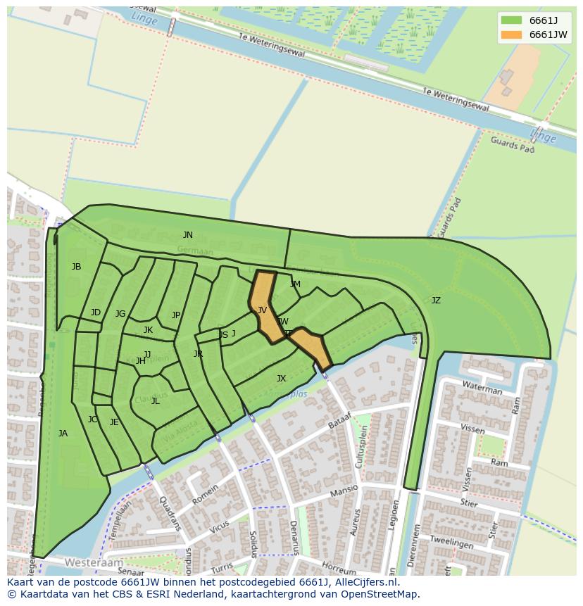 Afbeelding van het postcodegebied 6661 JW op de kaart.