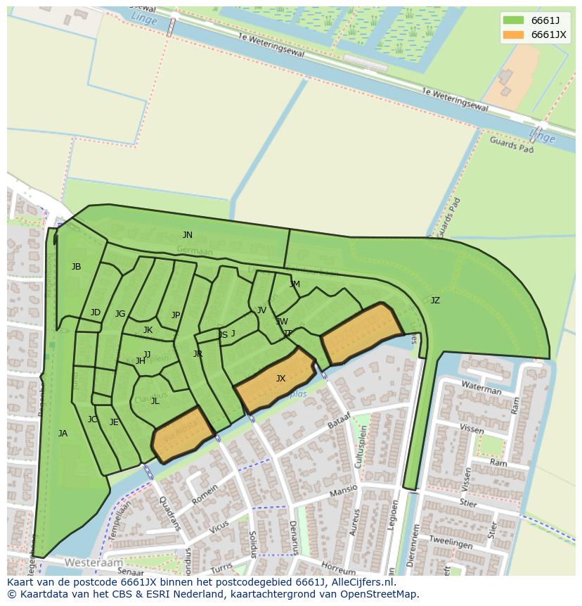Afbeelding van het postcodegebied 6661 JX op de kaart.