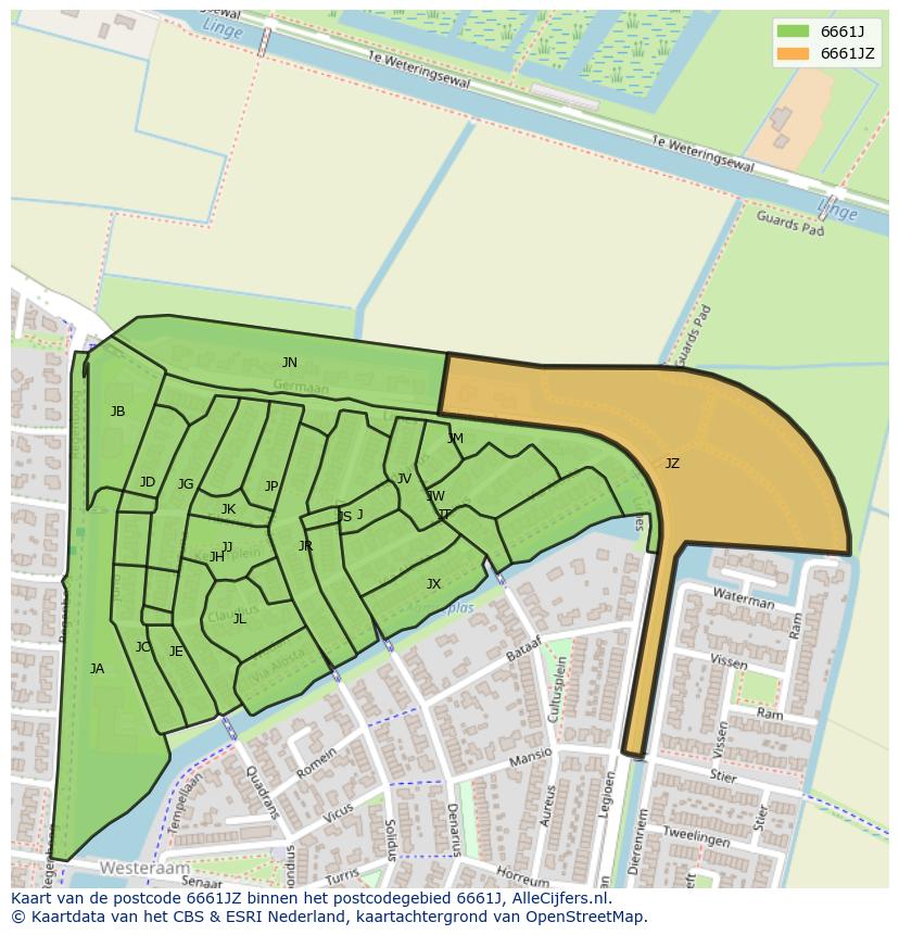 Afbeelding van het postcodegebied 6661 JZ op de kaart.