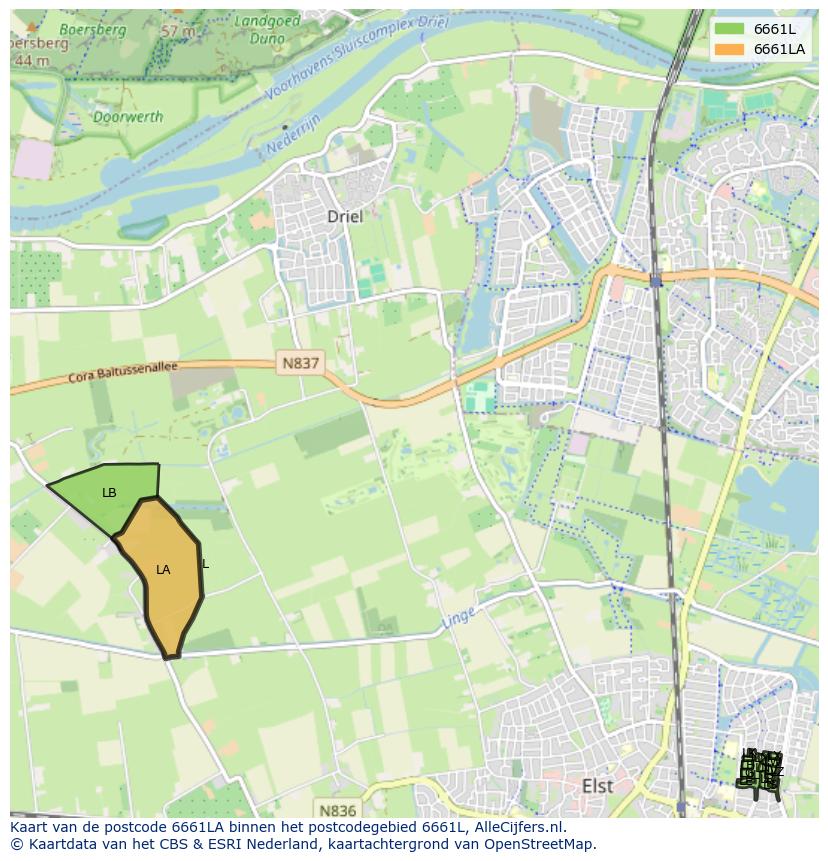 Afbeelding van het postcodegebied 6661 LA op de kaart.