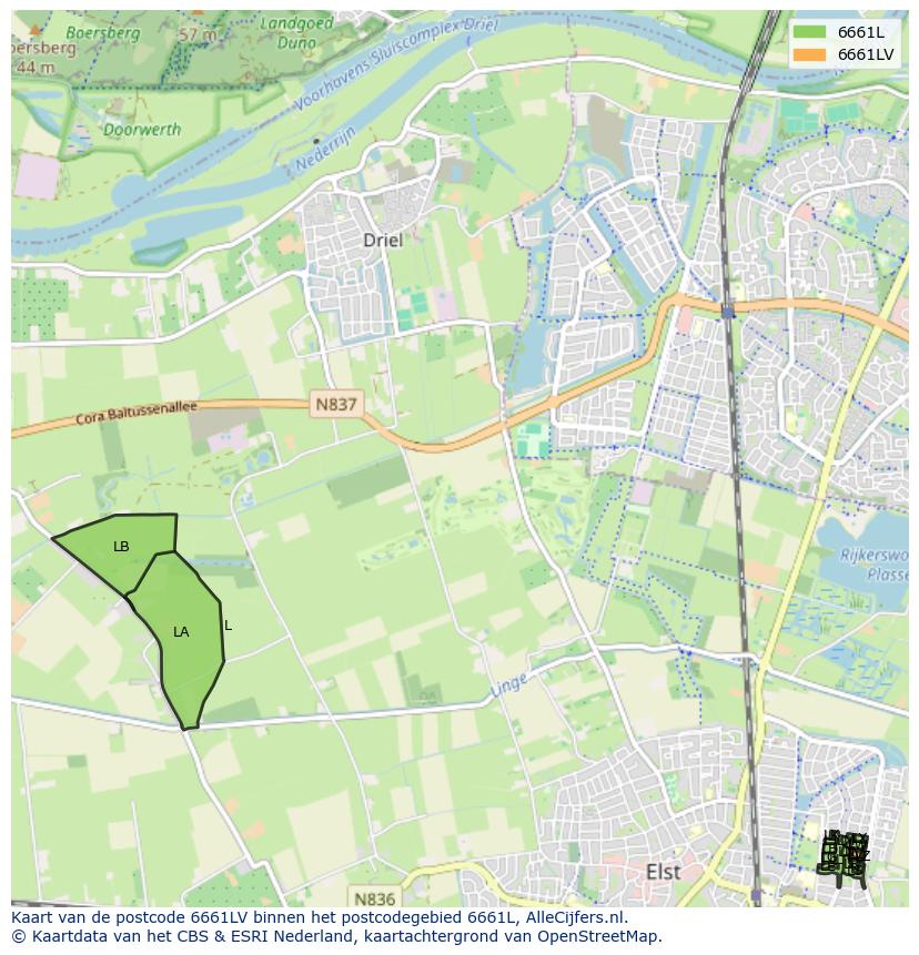 Afbeelding van het postcodegebied 6661 LV op de kaart.
