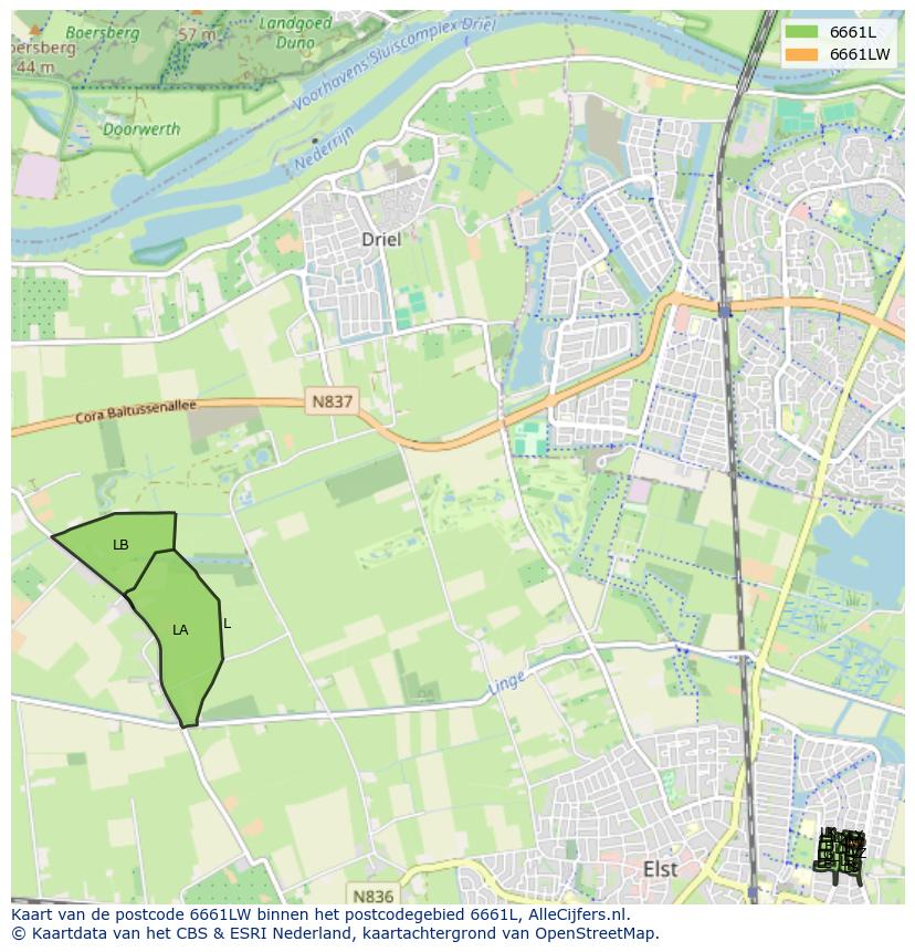 Afbeelding van het postcodegebied 6661 LW op de kaart.