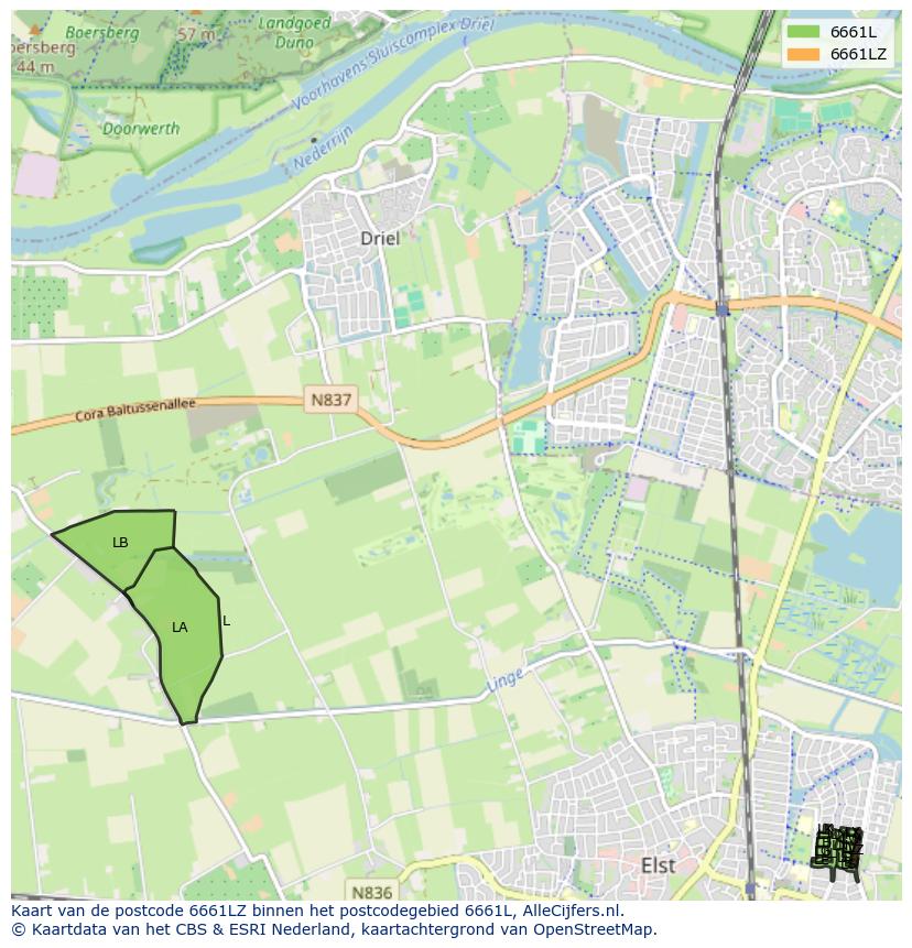 Afbeelding van het postcodegebied 6661 LZ op de kaart.