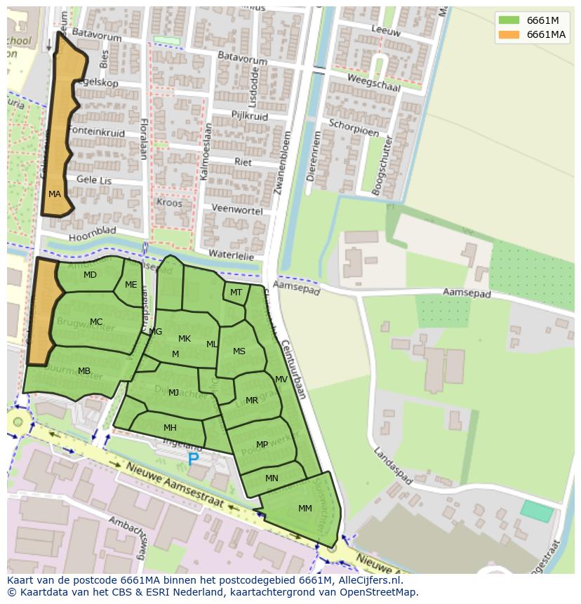 Afbeelding van het postcodegebied 6661 MA op de kaart.