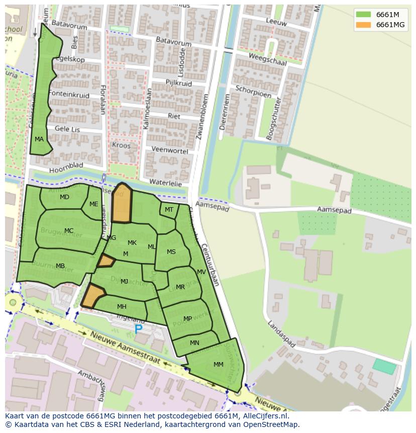 Afbeelding van het postcodegebied 6661 MG op de kaart.