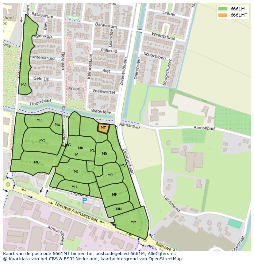 Afbeelding van het postcodegebied 6661 MT op de kaart.