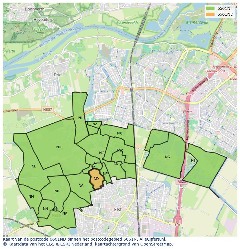 Afbeelding van het postcodegebied 6661 ND op de kaart.