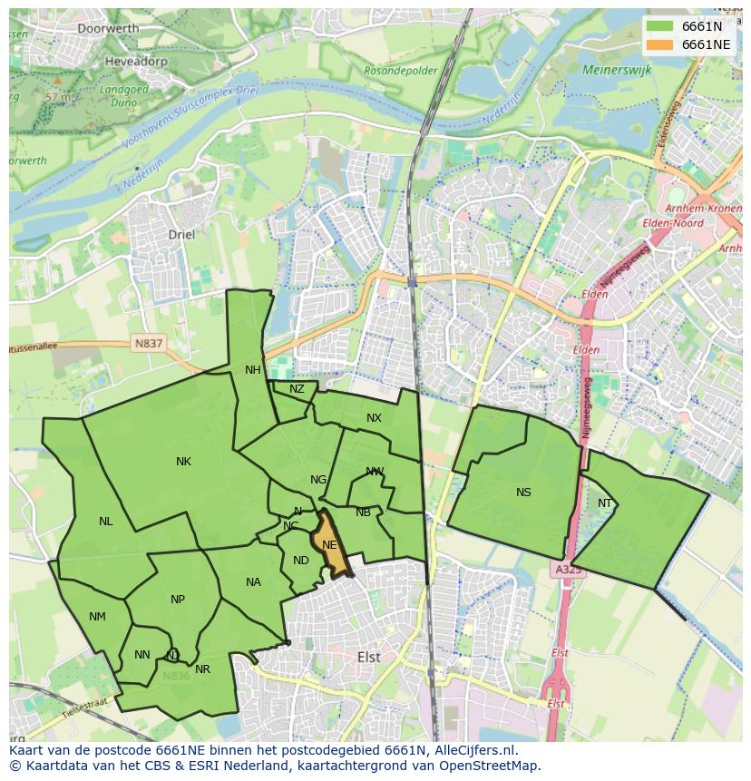 Afbeelding van het postcodegebied 6661 NE op de kaart.