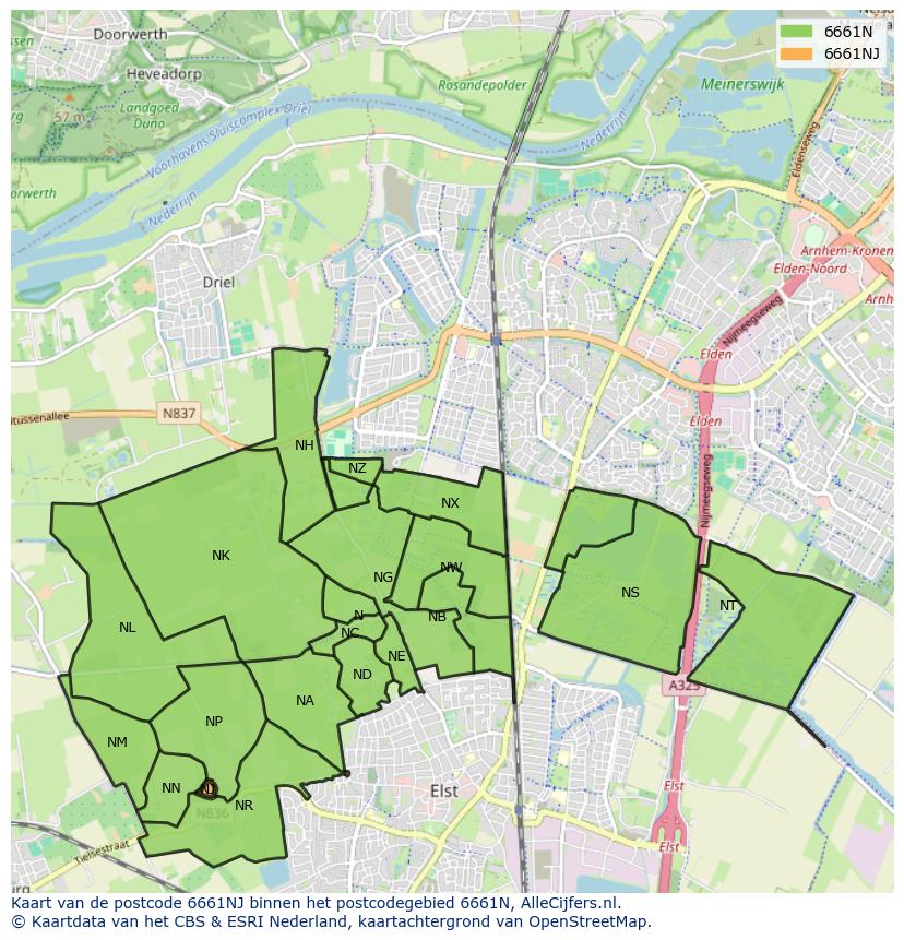 Afbeelding van het postcodegebied 6661 NJ op de kaart.