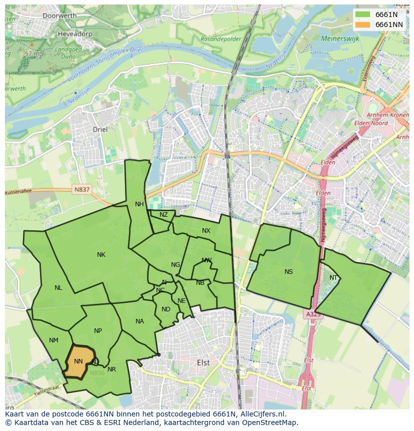 Afbeelding van het postcodegebied 6661 NN op de kaart.