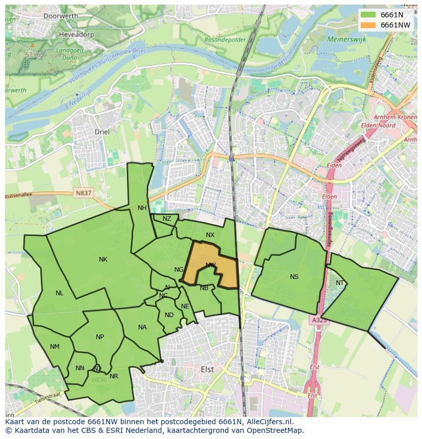 Afbeelding van het postcodegebied 6661 NW op de kaart.
