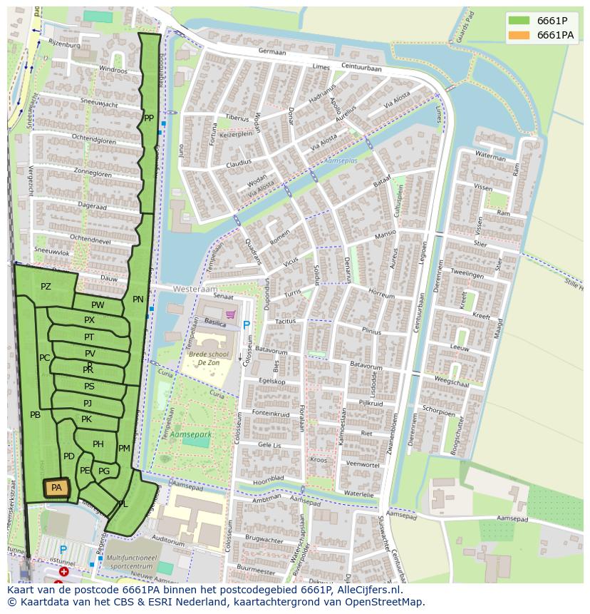 Afbeelding van het postcodegebied 6661 PA op de kaart.