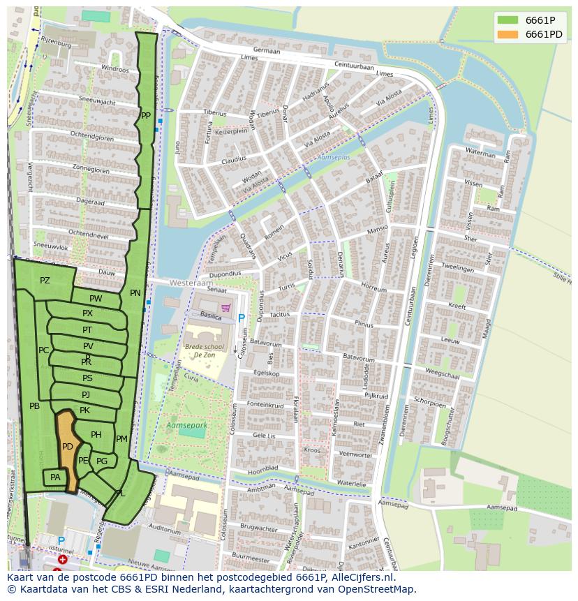 Afbeelding van het postcodegebied 6661 PD op de kaart.