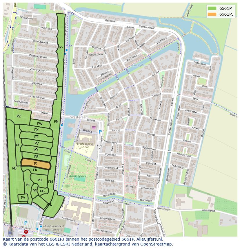 Afbeelding van het postcodegebied 6661 PJ op de kaart.