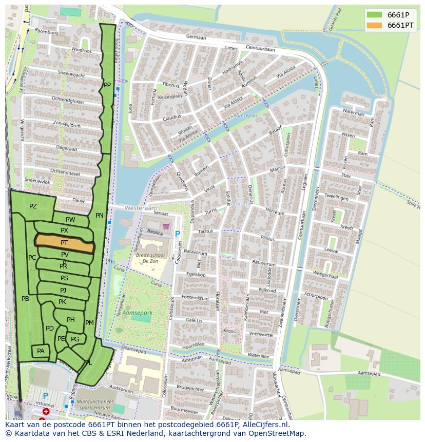 Afbeelding van het postcodegebied 6661 PT op de kaart.