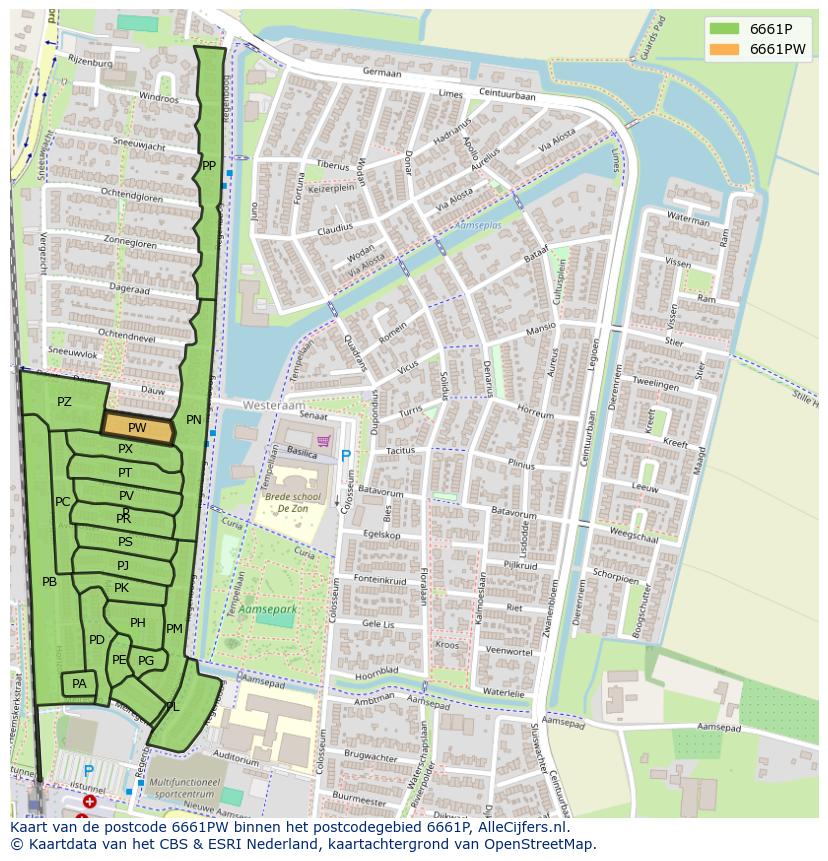 Afbeelding van het postcodegebied 6661 PW op de kaart.