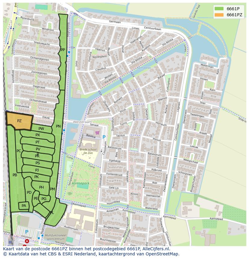 Afbeelding van het postcodegebied 6661 PZ op de kaart.