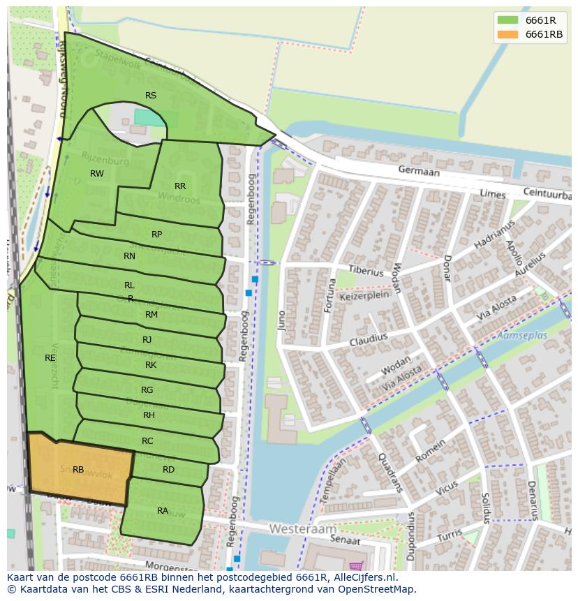 Afbeelding van het postcodegebied 6661 RB op de kaart.