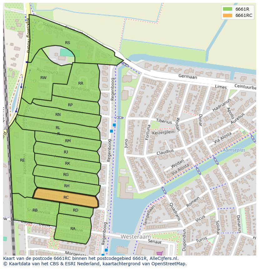 Afbeelding van het postcodegebied 6661 RC op de kaart.