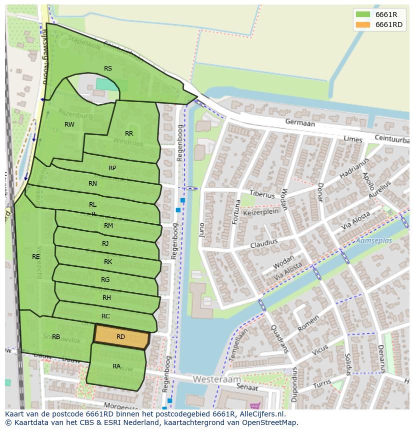 Afbeelding van het postcodegebied 6661 RD op de kaart.