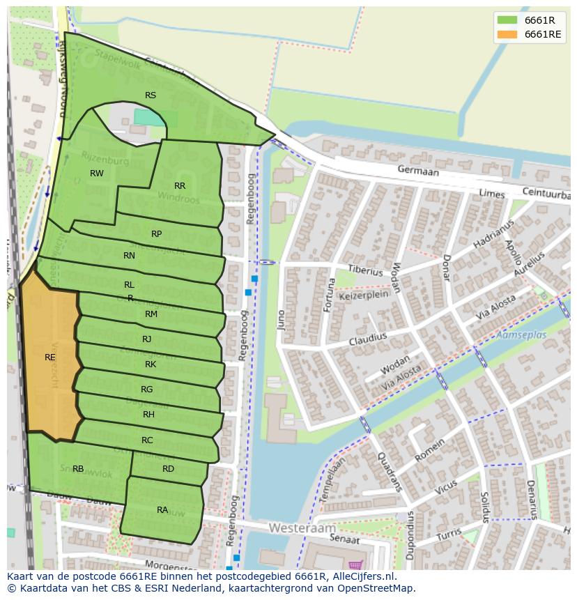 Afbeelding van het postcodegebied 6661 RE op de kaart.