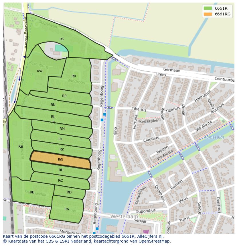 Afbeelding van het postcodegebied 6661 RG op de kaart.