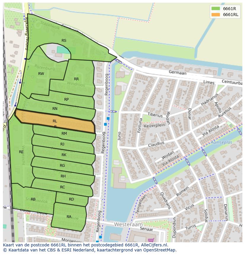 Afbeelding van het postcodegebied 6661 RL op de kaart.