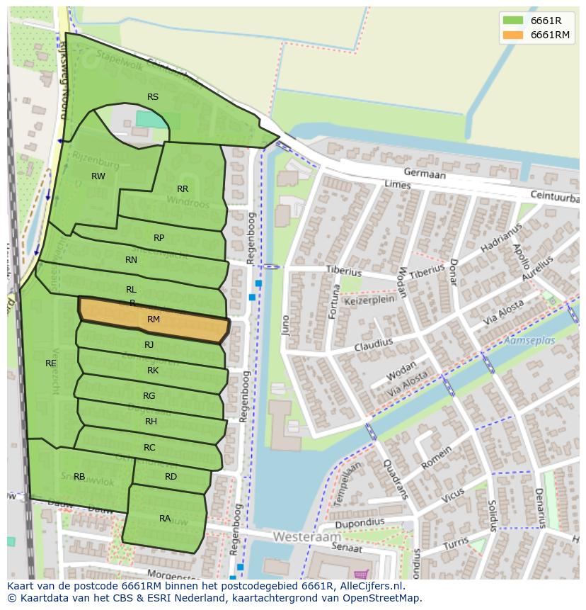 Afbeelding van het postcodegebied 6661 RM op de kaart.