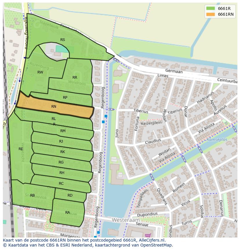 Afbeelding van het postcodegebied 6661 RN op de kaart.