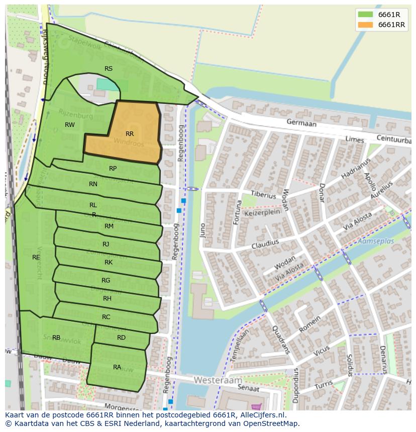Afbeelding van het postcodegebied 6661 RR op de kaart.