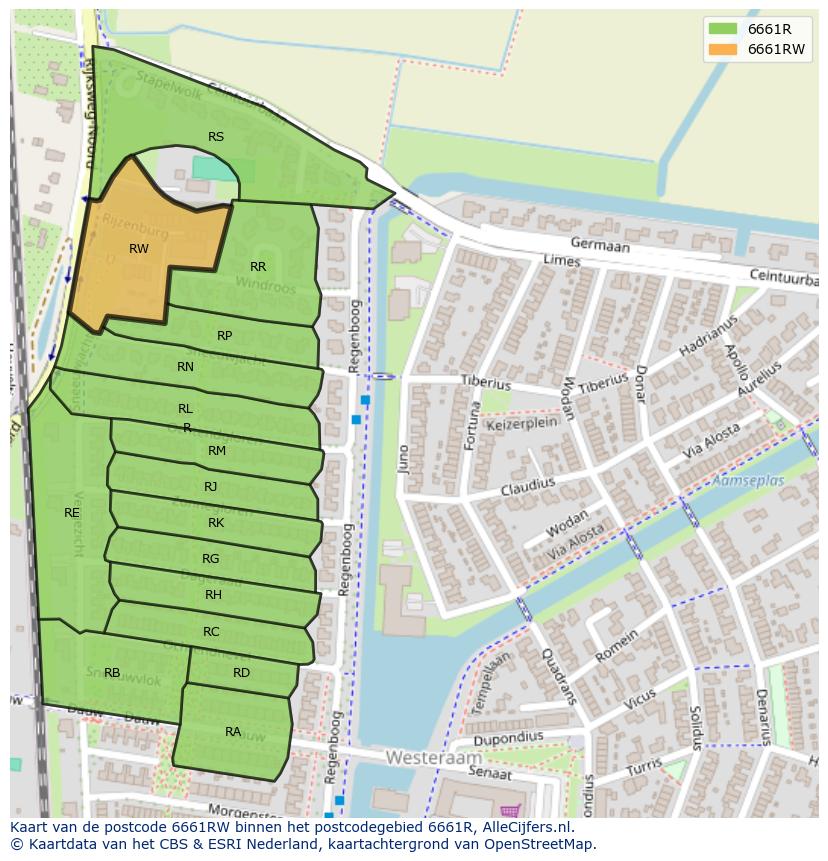 Afbeelding van het postcodegebied 6661 RW op de kaart.