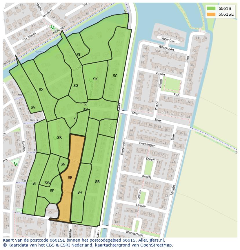 Afbeelding van het postcodegebied 6661 SE op de kaart.