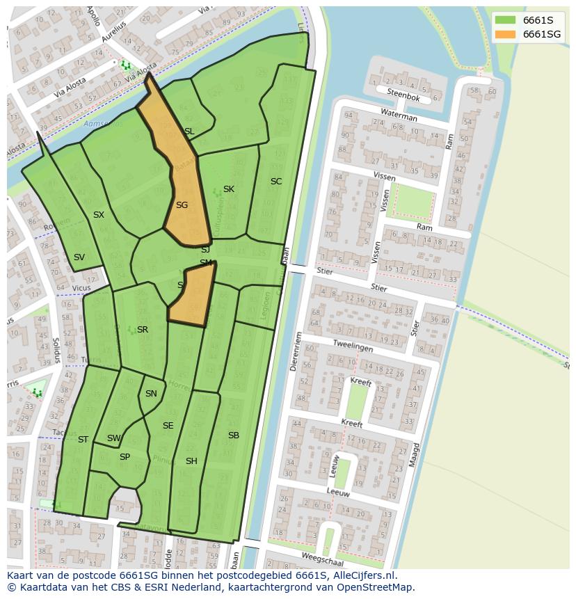 Afbeelding van het postcodegebied 6661 SG op de kaart.