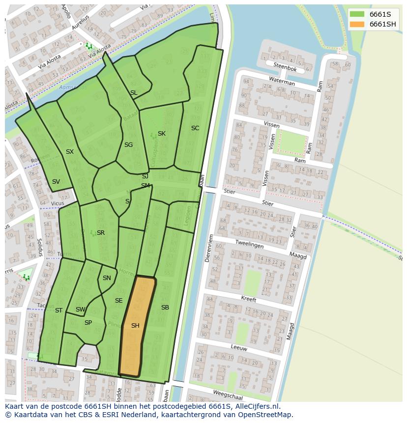 Afbeelding van het postcodegebied 6661 SH op de kaart.