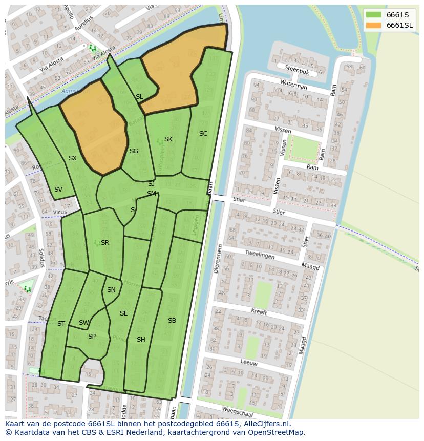 Afbeelding van het postcodegebied 6661 SL op de kaart.