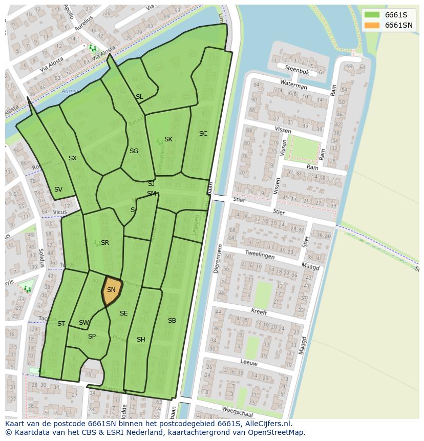 Afbeelding van het postcodegebied 6661 SN op de kaart.