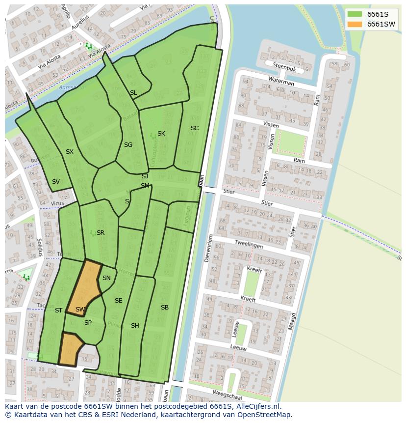 Afbeelding van het postcodegebied 6661 SW op de kaart.