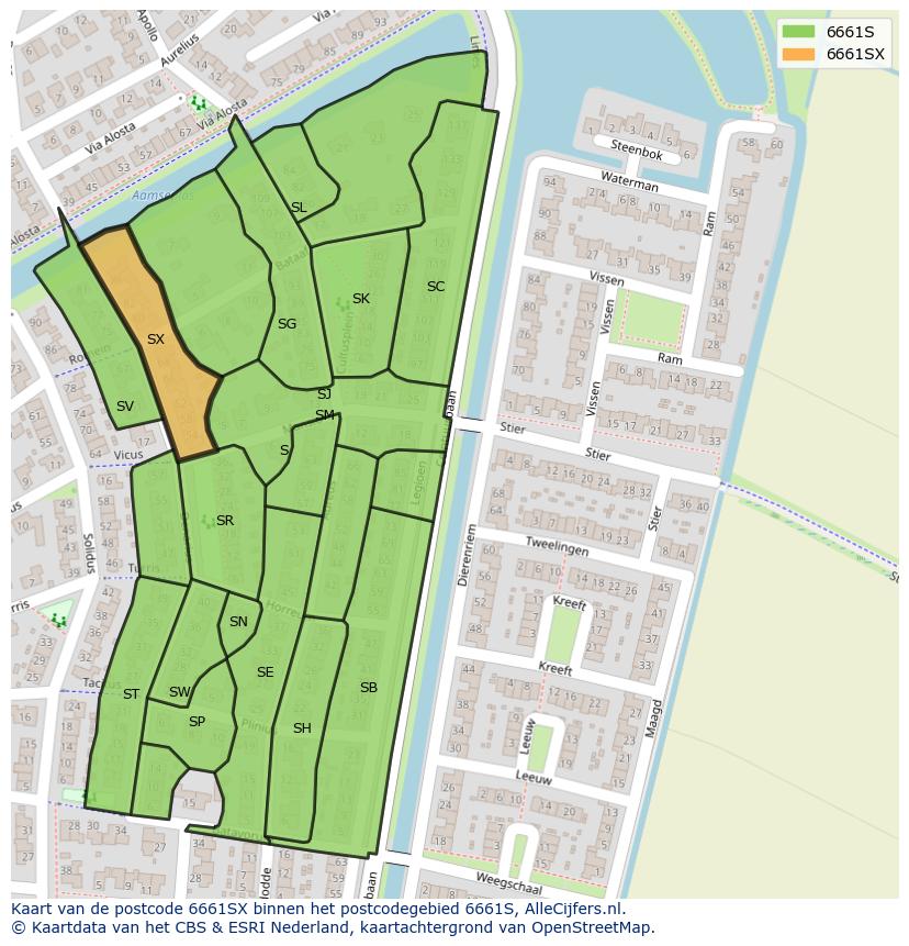 Afbeelding van het postcodegebied 6661 SX op de kaart.