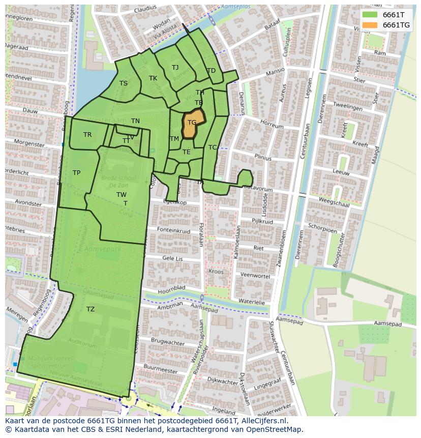 Afbeelding van het postcodegebied 6661 TG op de kaart.