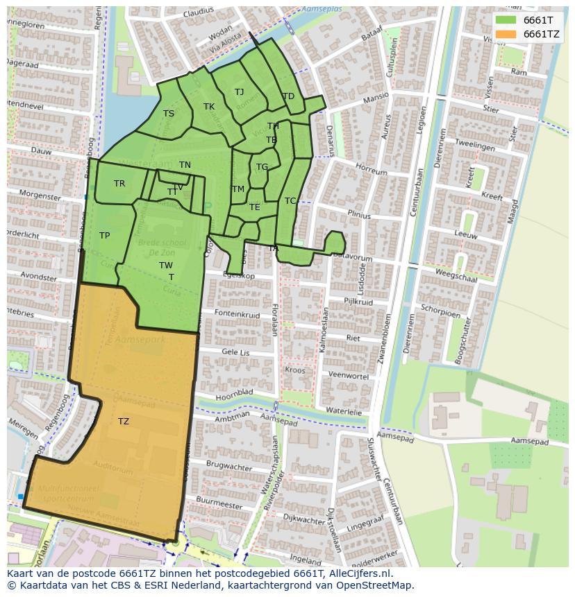 Afbeelding van het postcodegebied 6661 TZ op de kaart.
