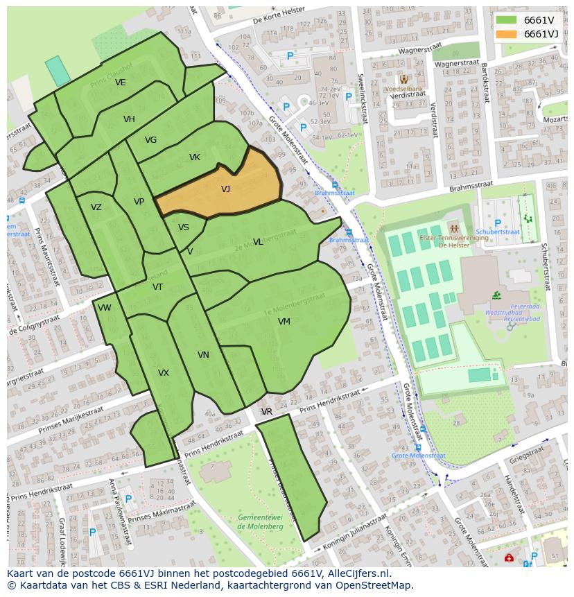 Afbeelding van het postcodegebied 6661 VJ op de kaart.